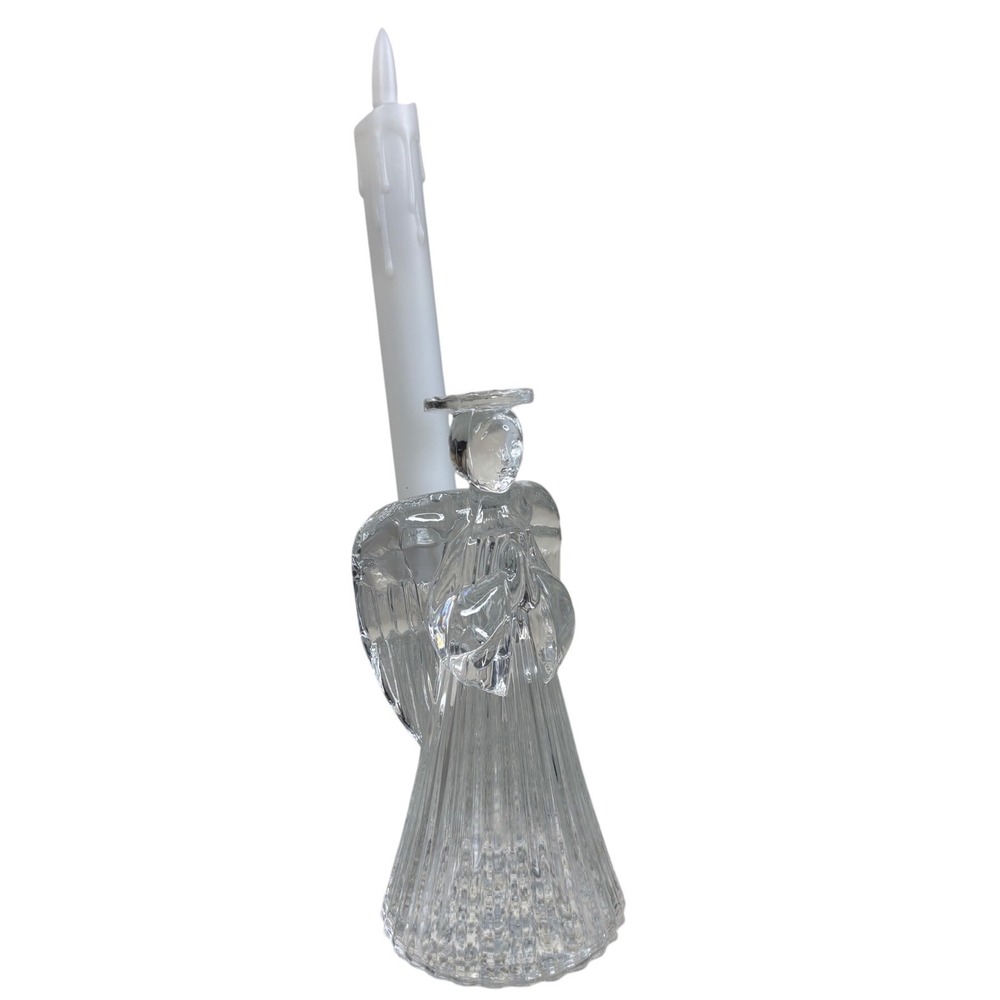 Unbranded Glass Angel Taper Candle Holder Clear Ribbed Praying Figurine 6.25in